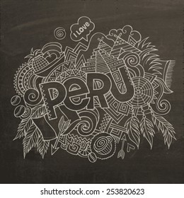 Peru hand lettering and doodles elements chalkboard background. Vector illustration