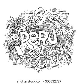 Peru hand lettering and doodles elements background. Vector illustration