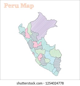 Peru hand-drawn map. Colourful sketchy country outline. Worthy Peru map with provinces. Vector illustration.