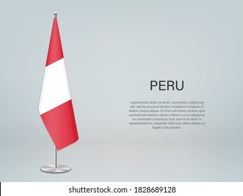 Peru hanging flag on stand. Template for politic conference banner