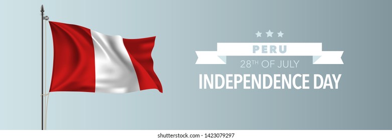 Peru happy independence day greeting card, banner vector illustration. Peruvian national holiday 28th of July design element with waving flag on flagpole 