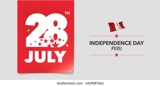 Peru happy independence day greeting card, banner, vector illustration. Peruvian national day 28th of July background with elements of flag in a creative horizontal design 