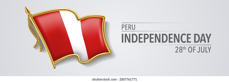 Peru happy independence day greeting card, banner with template text vector illustration. Peruvian memorial holiday 28th of July design element with 3D flag with stripes