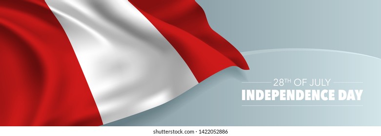 Peru happy independence day vector banner, greeting card. Peruvian wavy flag in28th of July national patriotic holiday horizontal design 