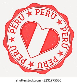 Peru heart flag logo. Country name text around Peru flag in a shape of heart. Awesome vector illustration.