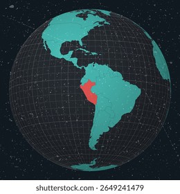 Peru highlighted on a globe with a vintage grunge texture. The globe features a dark charcoal and turquoise color palette with visible meridians and parallels.