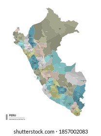 Perú presentó un mapa detallado con subdivisiones. Mapa administrativo del Perú con nombre de distritos y ciudades, coloreado por estados y distritos administrativos. Ilustración vectorial.