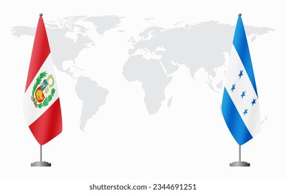 Peru and Honduras flags for official meeting against background of world map.
