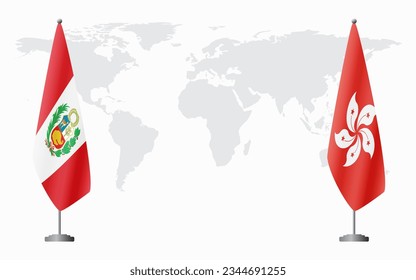 Peru and Hong Kong flags for official meeting against background of world map.