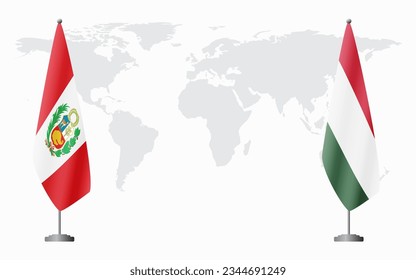 Peru and Hungary flags for official meeting against background of world map.