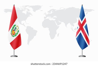 Peru and Iceland flags for official meeting against background of world map.