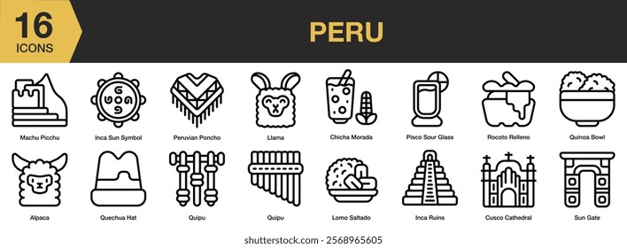 Peru icon set. Includes peru, peruvian, history, mountain, culture, inca, architecture, and More. Outline icons vector collection.