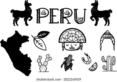 Peru icons collection. Andean culture items, food and Nazca lines