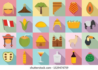 Peru icons set. Flat set of peru vector icons for web design