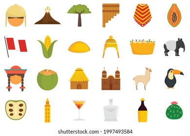 Iconos de Perú puestos. Conjunto plano de iconos vectoriales de perú aislados en fondo blanco