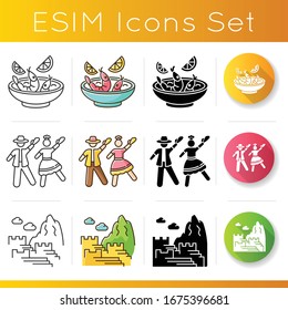 Peru icons set. Latin American tour. Ceviche, marinera, Machu Picchu. Andean country features. Peruvian cuisine, dance, history. Linear, black and RGB color styles. Isolated vector illustrations
