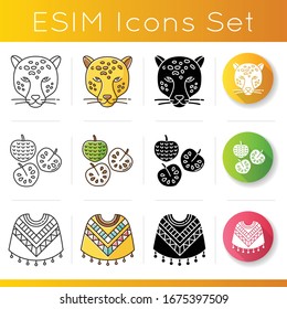 Peru icons set. Peruvian wear, fruit, animal. Jaguar, cherimoya, poncho. Traveling in Latin America. Hispanic country tour. Linear, black and RGB color styles. Isolated vector illustrations