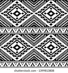 Peru ikat tribal pattern vector seamless. Traditional ethnic embroidery art print. White and black border textile texture. Moroccan background for boho rug, fabric, blanket and backdrop.