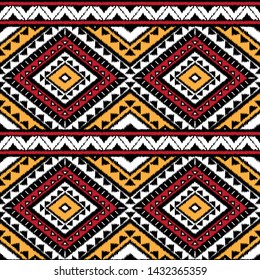 Peru ikat tribal pattern vector seamless. Ethnic border african fabric texture. Traditional knitted embroidery art print. Boho background for home textile, blanket, cushion, clothing and backdrop.