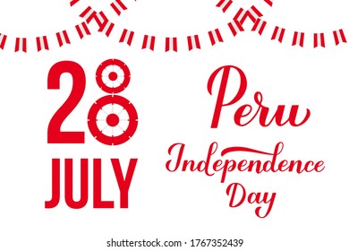 Peru Independence Day banner. Calligraphy hand lettering, cockade and flags. Peruvian Holiday celebrate on July 28. Vector template for typography poster, greeting card, flyer, etc.