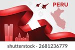 Peru Independence Day Banner with Flag Ribbon and Landmarks