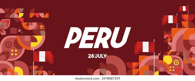 Peru Independence Day banner in modern geometric style. Wide banner with typography and also country flag. Background for National holiday celebration party. Happy Independence Day of Peru