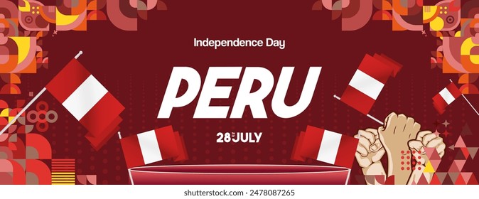 Peru Independence Day banner in modern geometric style. Wide banner with typography and also country flag. Background for National holiday celebration party. Happy Independence Day of Peru