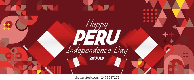 Anuncio del Día de la Independencia en estilo geométrico moderno. Amplio Anuncio con tipografía y también bandera del país. Antecedentes de la fiesta de celebración de la fiesta nacional. Feliz Día de la Independencia del Perú