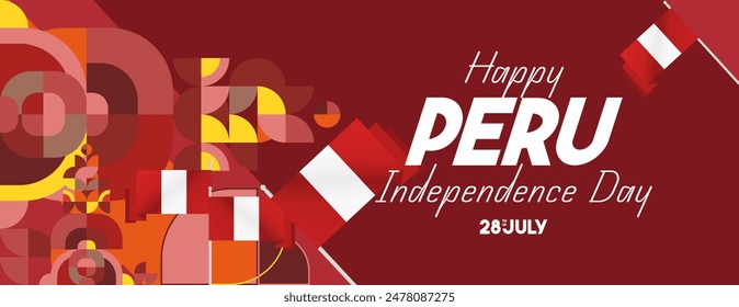 Peru Independence Day banner in modern geometric style. Wide banner with typography and also country flag. Background for National holiday celebration party. Happy Independence Day of Peru