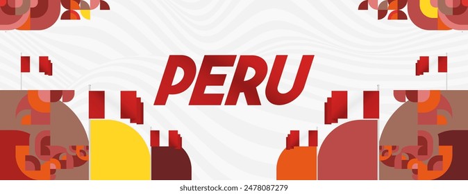 Peru Independence Day banner in modern geometric style. Wide banner with typography and also country flag. Background for National holiday celebration party. Happy Independence Day of Peru