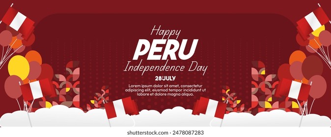 Peru Independence Day banner in modern geometric style. Wide banner with typography and also country flag. Background for National holiday celebration party. Happy Independence Day of Peru