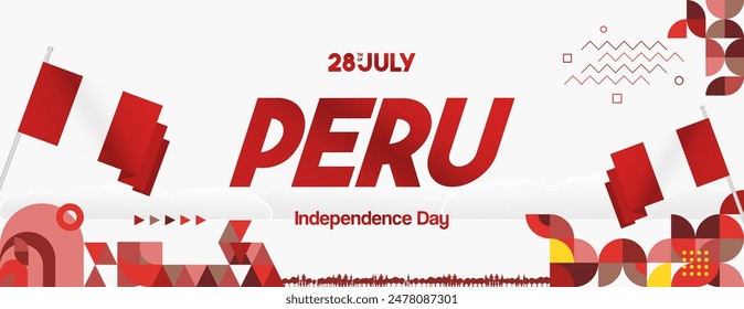 Peru Independence Day banner in modern geometric style. Wide banner with typography and also country flag. Background for National holiday celebration party. Happy Independence Day of Peru