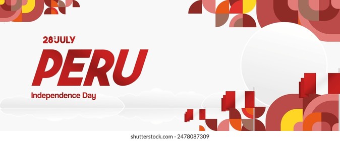 Peru Independence Day banner in modern geometric style. Wide banner with typography and also country flag. Background for National holiday celebration party. Happy Independence Day of Peru