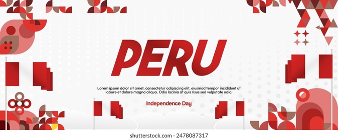 Peru Independence Day banner in modern geometric style. Wide banner with typography and also country flag. Background for National holiday celebration party. Happy Independence Day of Peru