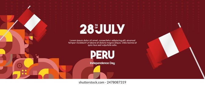 Peru Independence Day banner in modern geometric style. Wide banner with typography and also country flag. Background for National holiday celebration party. Happy Independence Day of Peru