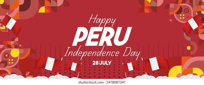 Peru Independence Day Banner im modernen geometrischen Stil. Großer Banner mit Typografie und auch Landesflagge. Hintergrund der Feier zum Nationalfeiertag. Fröhlicher Unabhängigkeitstag von Peru