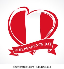 Peru Independence Day greeting card. 28 July, Peru Independence Day lettering banner background with heart in flag colors. Flag in the shape of heart in grungy style