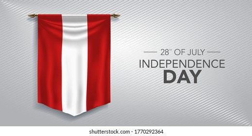 Peru independence day greeting card, banner, vector illustration. Peruvian national day 28th of July background with pennant