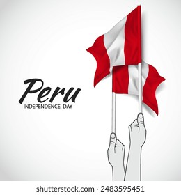 Peru Independence Day. Hands with flags of Peru. Vector Illustration.
