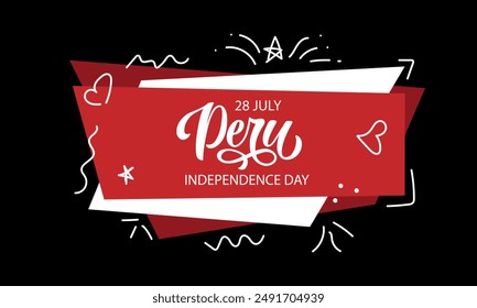 Peru independence day handwritten text on black background. Modern brush ink calligraphy, vector holiday illustration. Hand lettering typography. Postcard, logo, greeting card, banner design. July 28