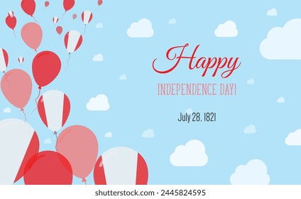 Peru  Independence Day Sparkling Patriotic Poster. Row of Balloons in Colors of the Peruvian Flag. Greeting Card with National Flags, Blue Skyes and Clouds.