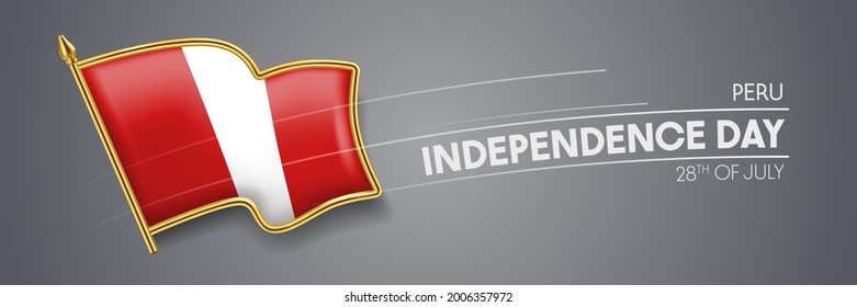 Peru independence day vector banner, greeting card. Peruvian wavy flag in 28th of July patriotic holiday horizontal design with realistic badge