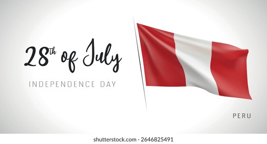 Peru independence day vector banner, greeting card. Peruvian wavy flag in 28th of July patriotic holiday horizontal design with realistic flag