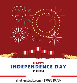 Ilustración vectorial del Día de la Independencia del Perú con sus banderas nacionales y fuegos artificiales. Día nacional del país sudamericano.