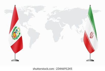Peru and Iran flags for official meeting against background of world map.