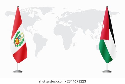 Peru and Jordan flags for official meeting against background of world map.