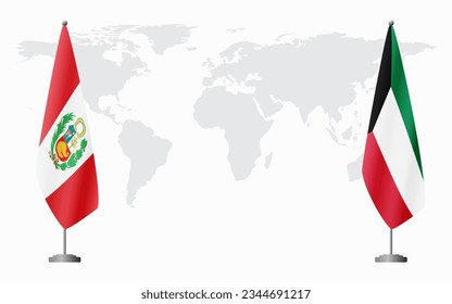 Peru and Kuwait flags for official meeting against background of world map.