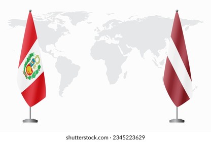 Peru and Latvia flags for official meeting against background of world map.