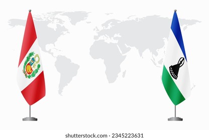Peru and Lesotho flags for official meeting against background of world map.