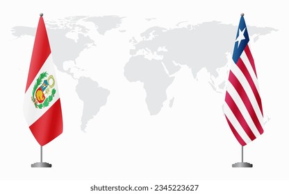 Peru and Liberia flags for official meeting against background of world map.